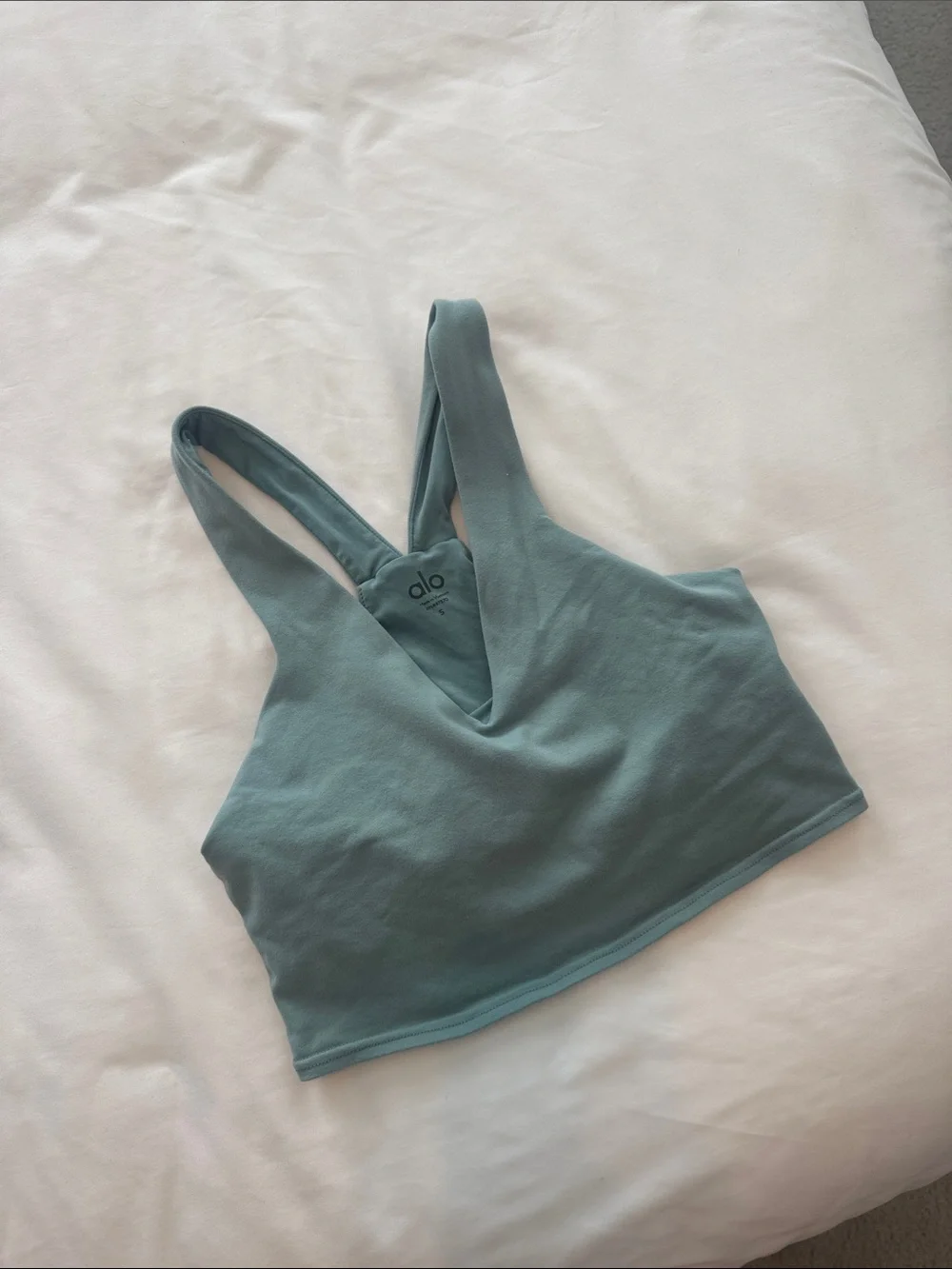 ALO Yoga V-Neck Padded Sports Bra Top in Teal Green